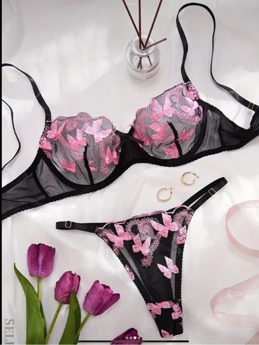 Alluring Floral Embroidery Underwire Bra & Thong Lingerie Set UK