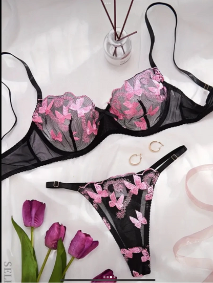 Alluring Floral Embroidery Underwire Bra & Thong Lingerie Set UK