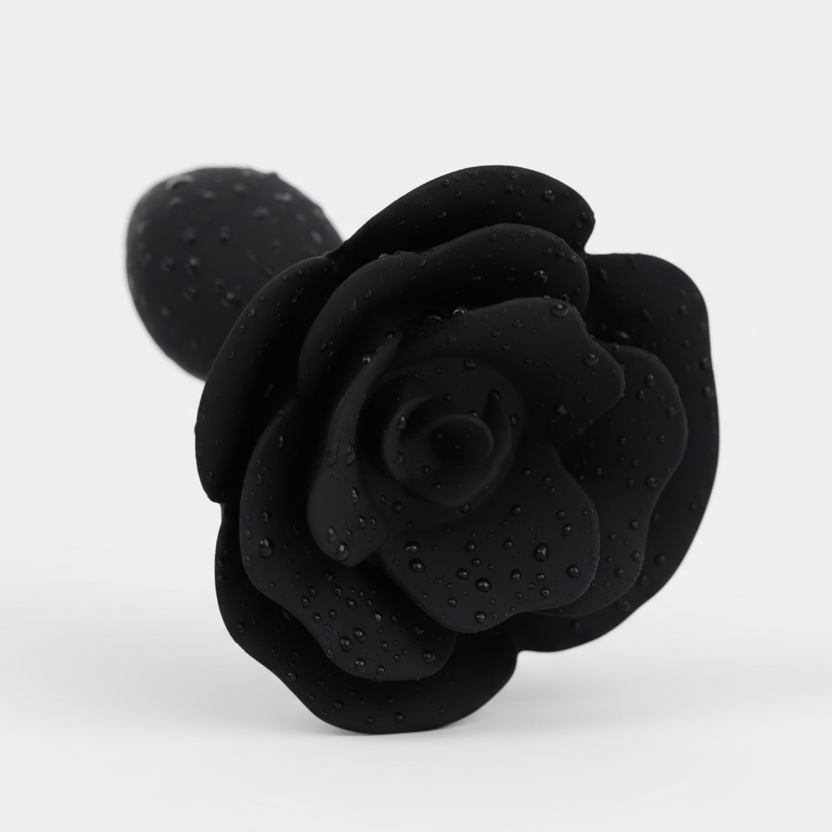 Black rose-shaped object on a white background