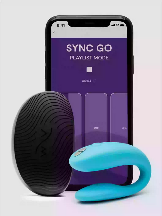 Two handheld fitness devices next to a smartphone displaying the 'SYNC GO' app on a light gray background.