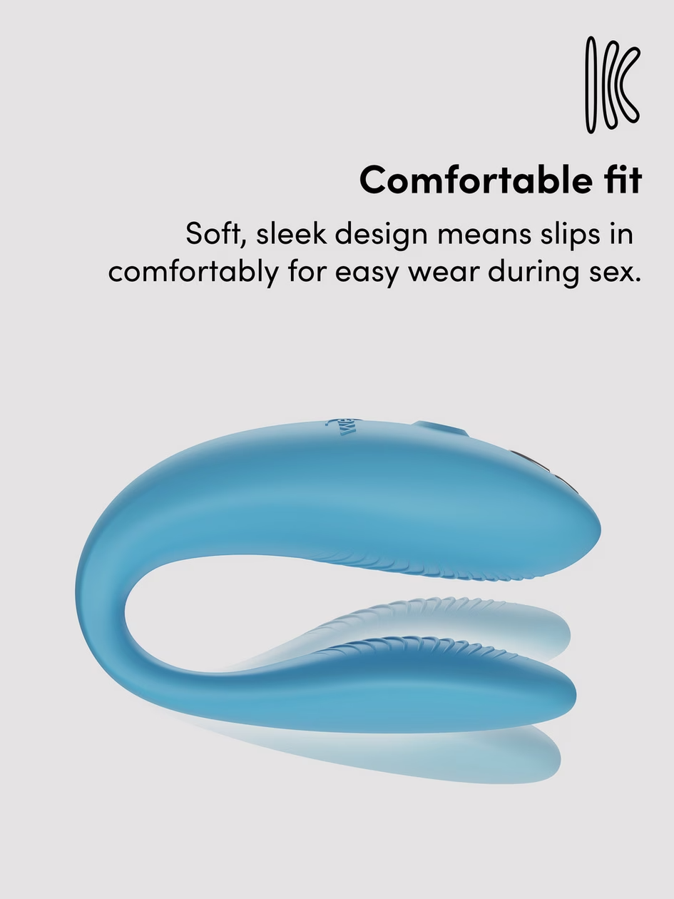 Blue silicone ring with text about comfortable fit on a light gray background