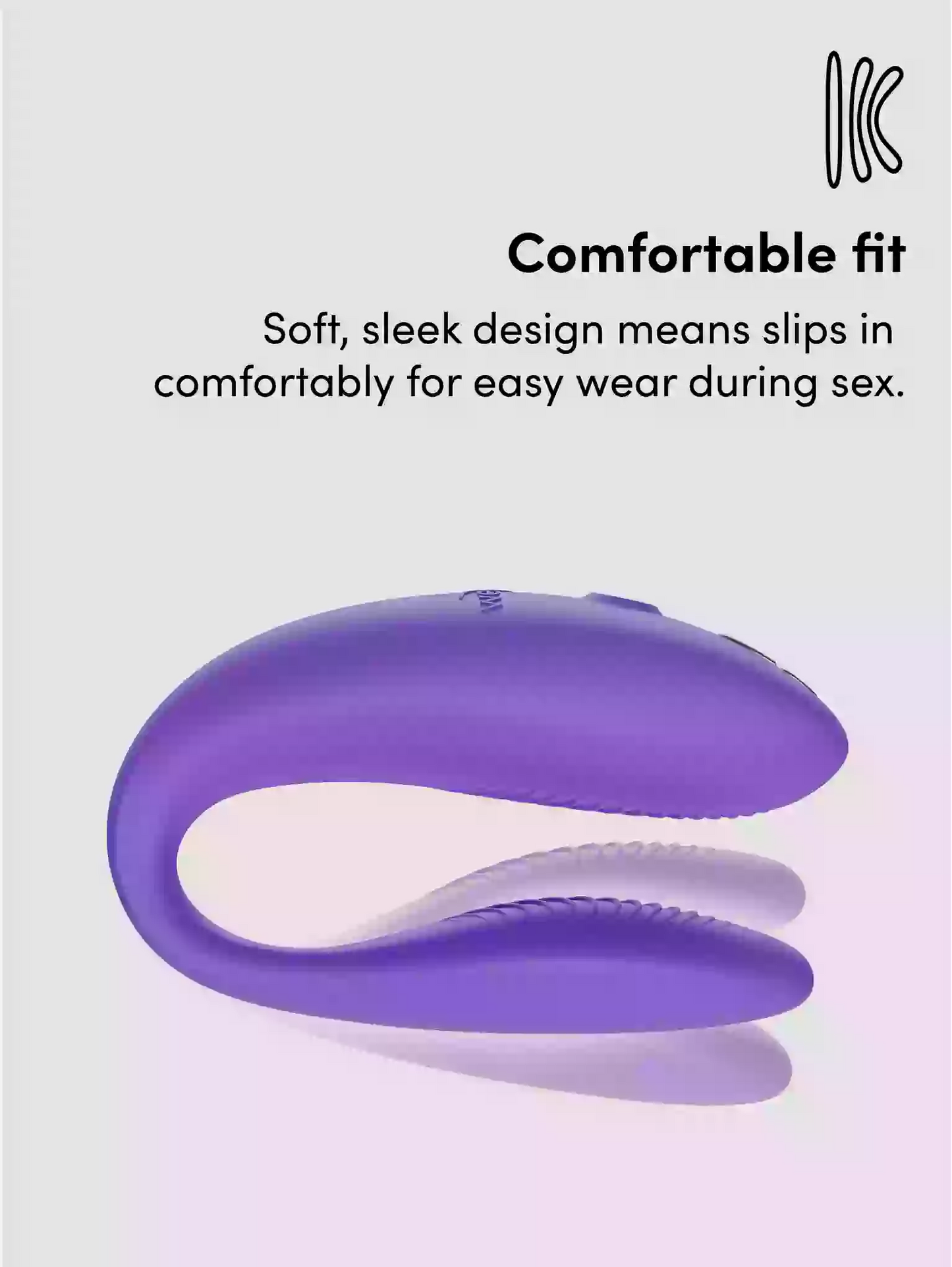 Purple and white device with text about comfortable fit on a light purple background