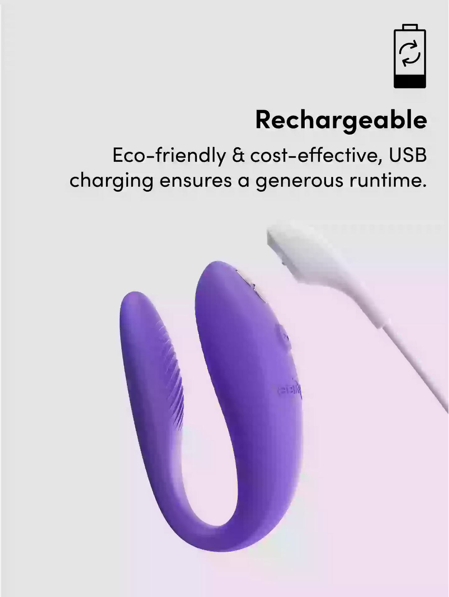 Purple U-shaped device with text about rechargeability on a light gray background