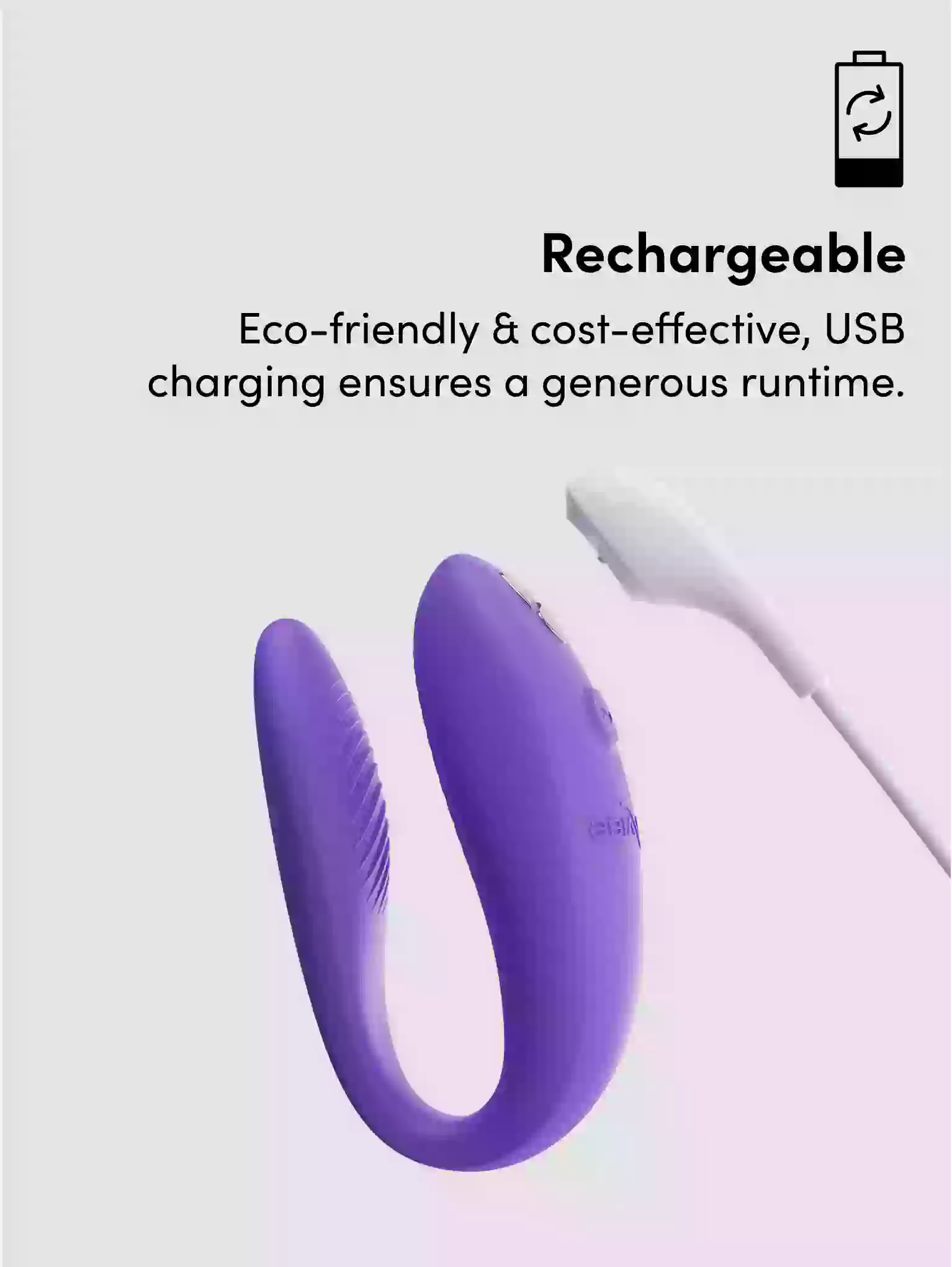 Purple U-shaped device with text about rechargeability on a light gray background