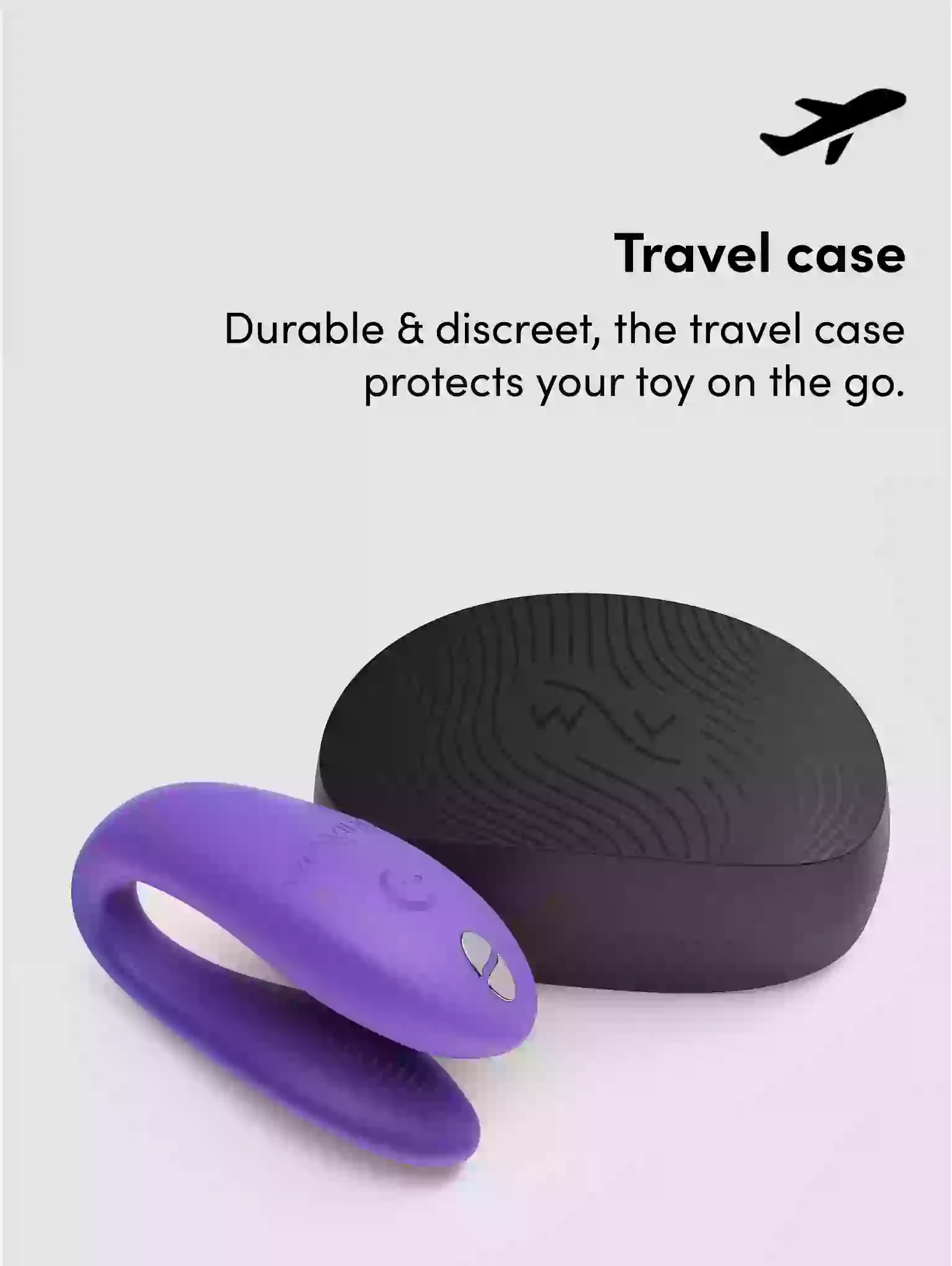 Purple travel case with a toy on a light gray background