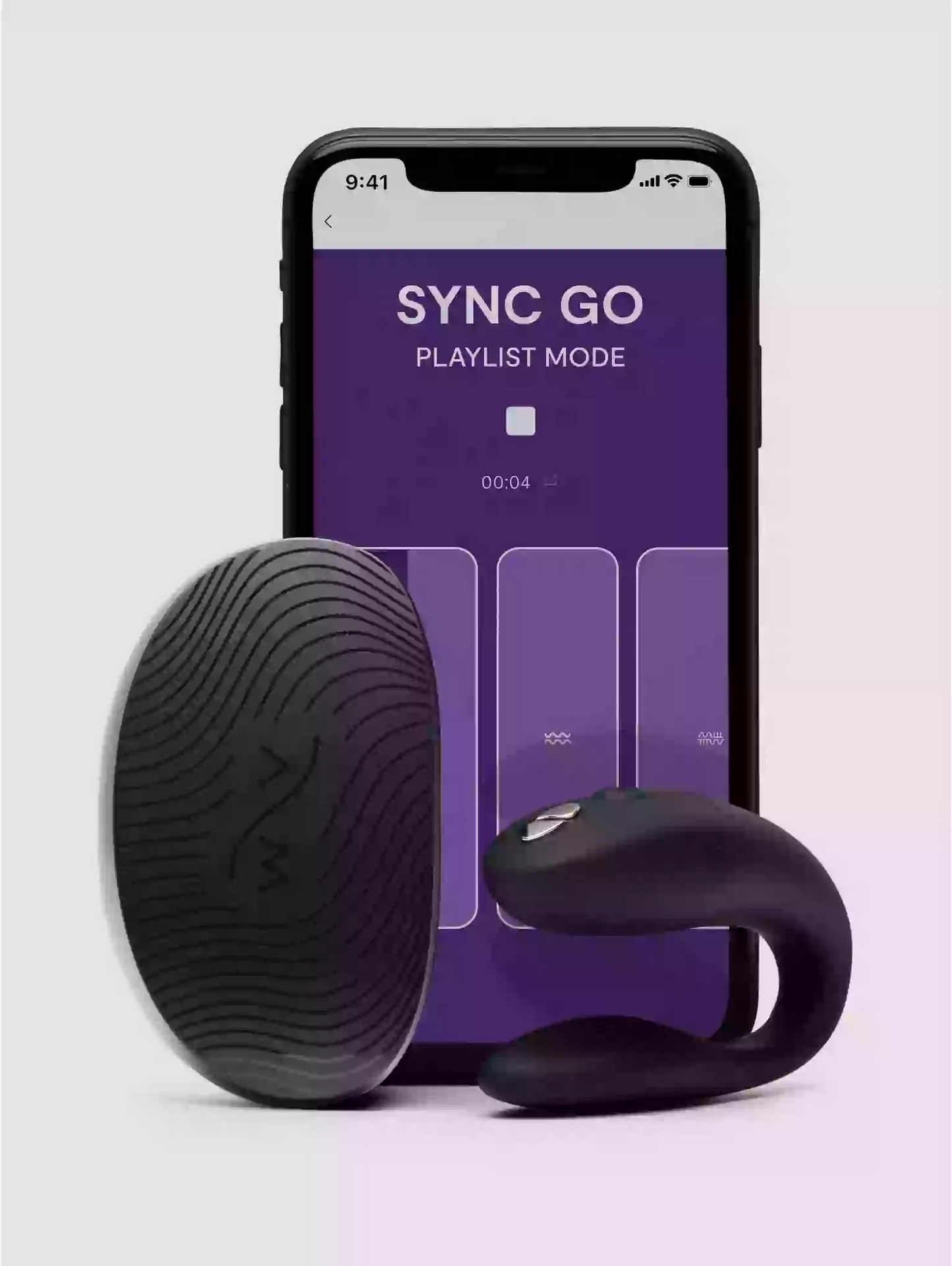 Phone displaying 'SYNC GO' app with two black devices on a light gray background