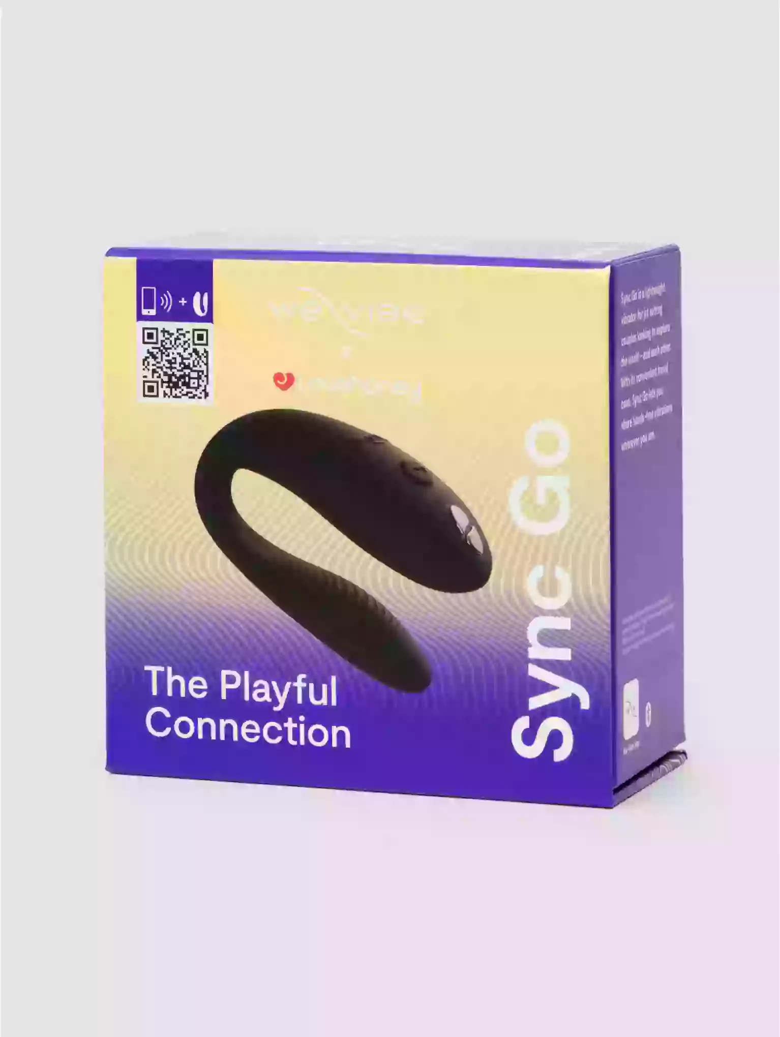 Box of 'Sync Go' product with a black device on a gradient background