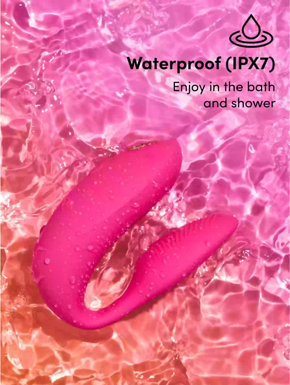 Pink waterproof product in water with 'Waterproof (IPX7) Enjoy in the bath and shower' text.