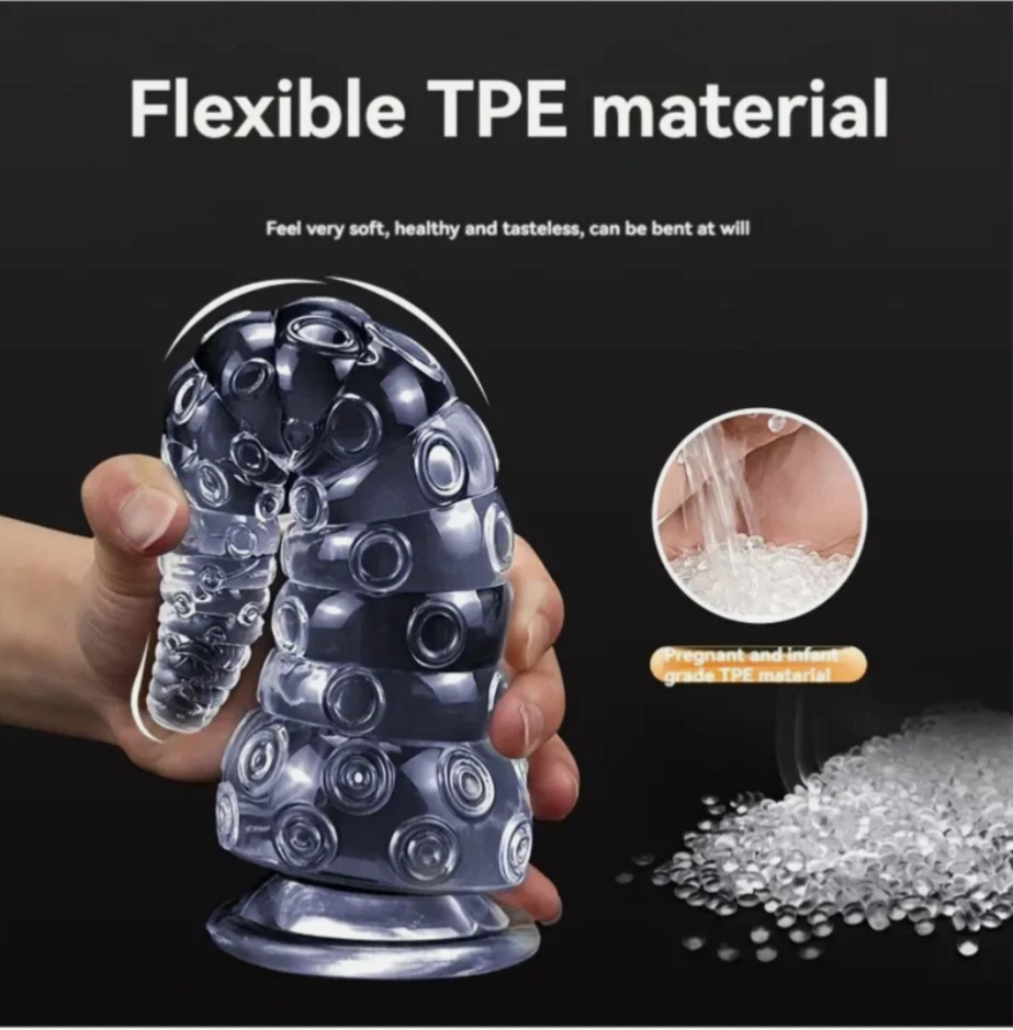 Clear TPE material product held in a hand with descriptive text on a black background