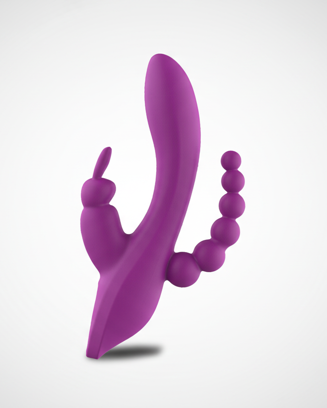 Purple silicone tool with a smooth handle and textured beads on a white background