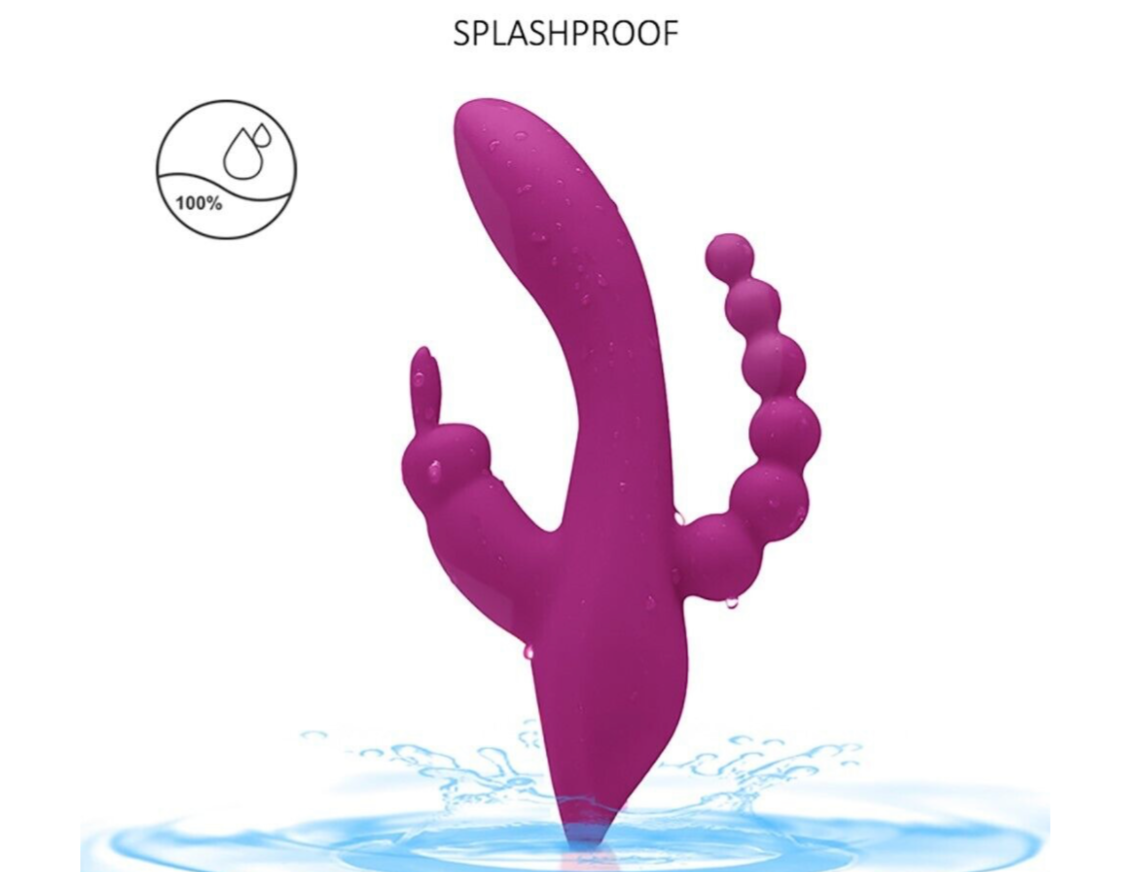 Purple toy with water splashes and 'splashproof' label on a white background