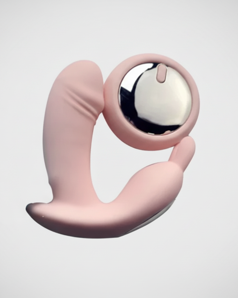 Pink and silver device on a light gray background