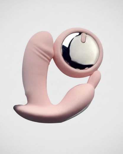 Pink and silver device on a light gray background