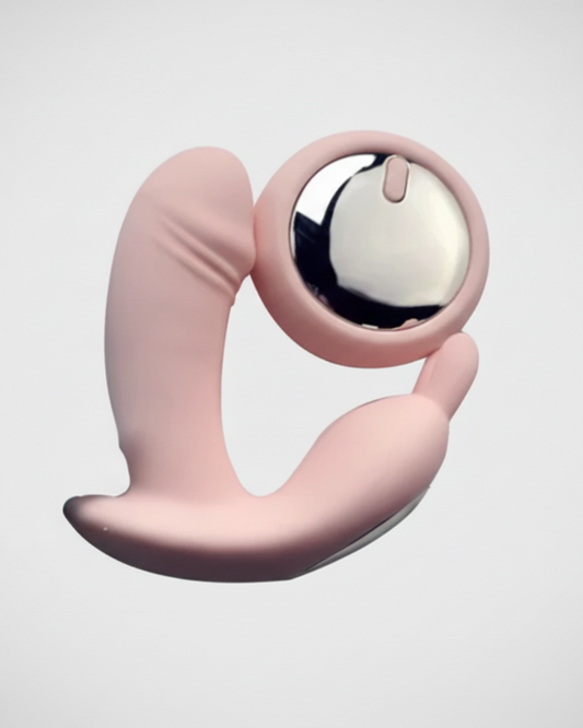 Pink and silver device on a light gray background