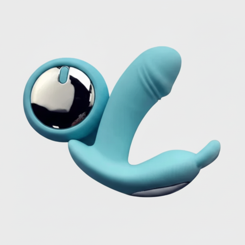 Blue and silver device on a light gray background