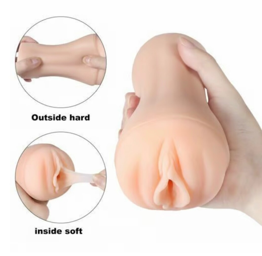 Realistic silicone mold of a human ear held by a hand, with close-up insets showing 'outside hard' and 'inside soft' textures.