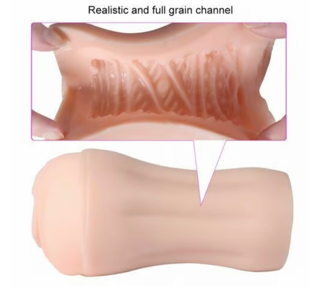 Realistic silicone sleeve with detailed texture and a close-up of the grain channel.
