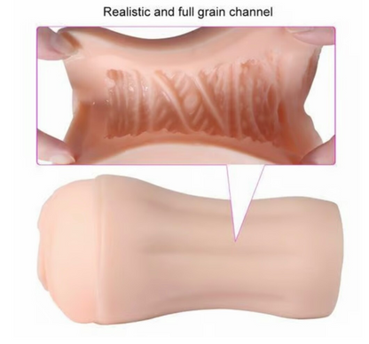 Realistic silicone sleeve with detailed texture and a close-up of the grain channel.