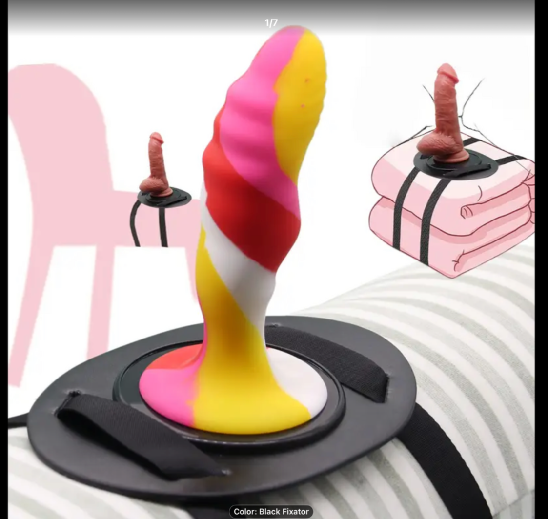 Colorful silicone product with black base on a white background