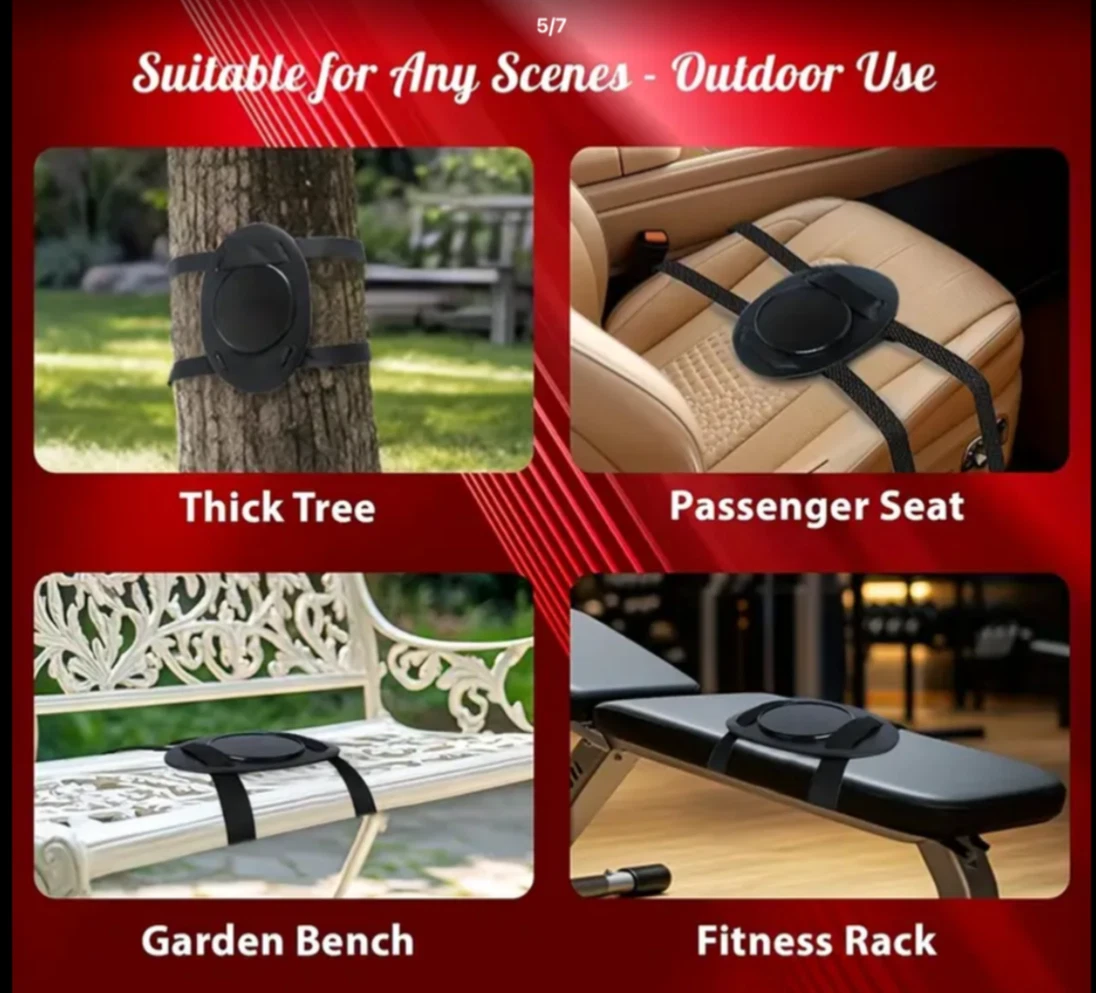 Product display with text 'Suitable for Any Scenes - Outdoor Use' and images of tree, car seat, garden bench, and fitness rack.