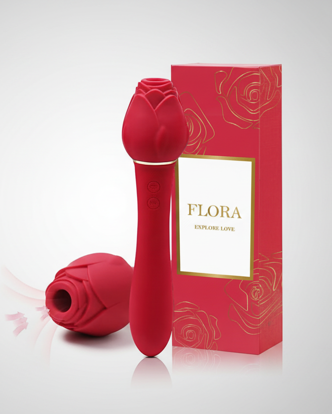 Red floral-shaped product with 'Flora' packaging on a white background