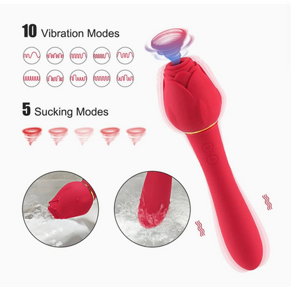 Red handheld device with vibration and suction modes on a white background