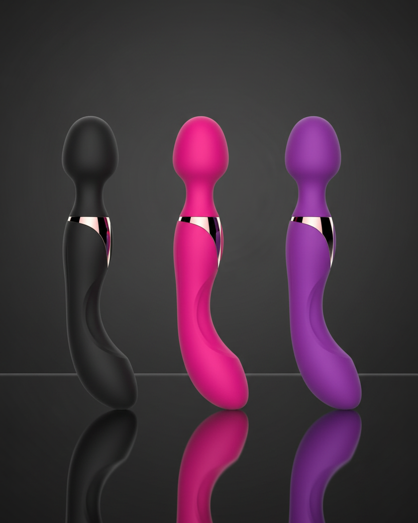 Three colorful sex toys on a reflective surface with a dark background