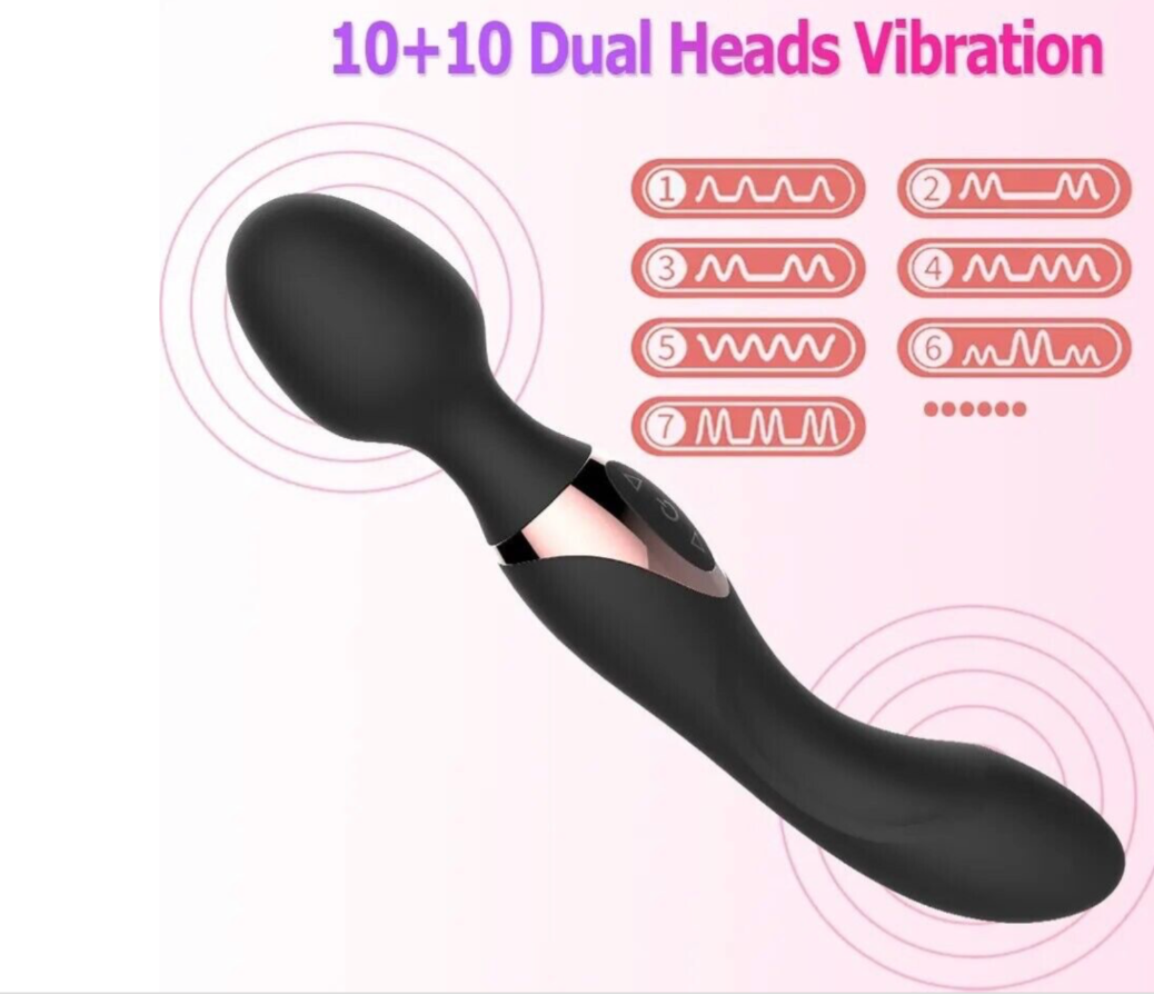 Black dual-headed vibration product with pink text and icons on a white background