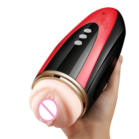 Hand holding a red and black electronic device with a pink component on a white background