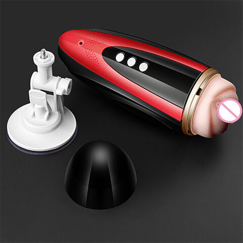 Red and black electronic device with a white suction cup on a dark background