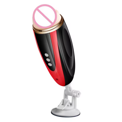 Red and black electronic device with a pink top on a white background