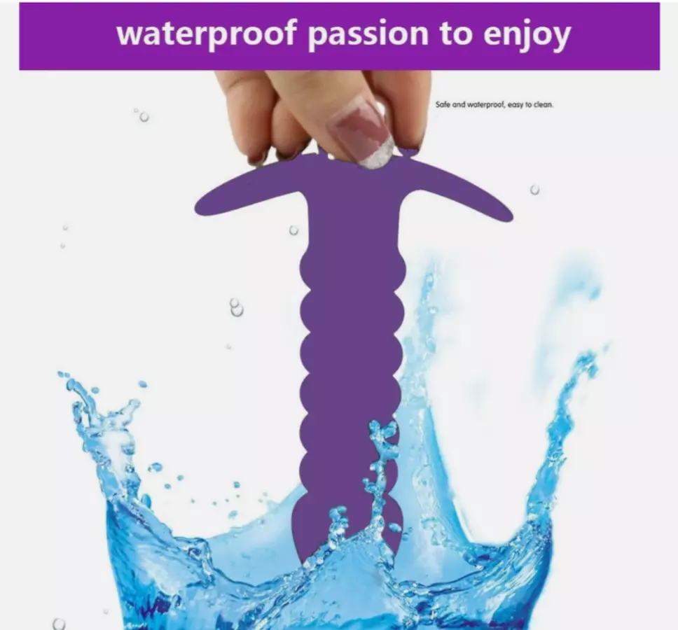 Purple hanger with water splashes and text about waterproof product