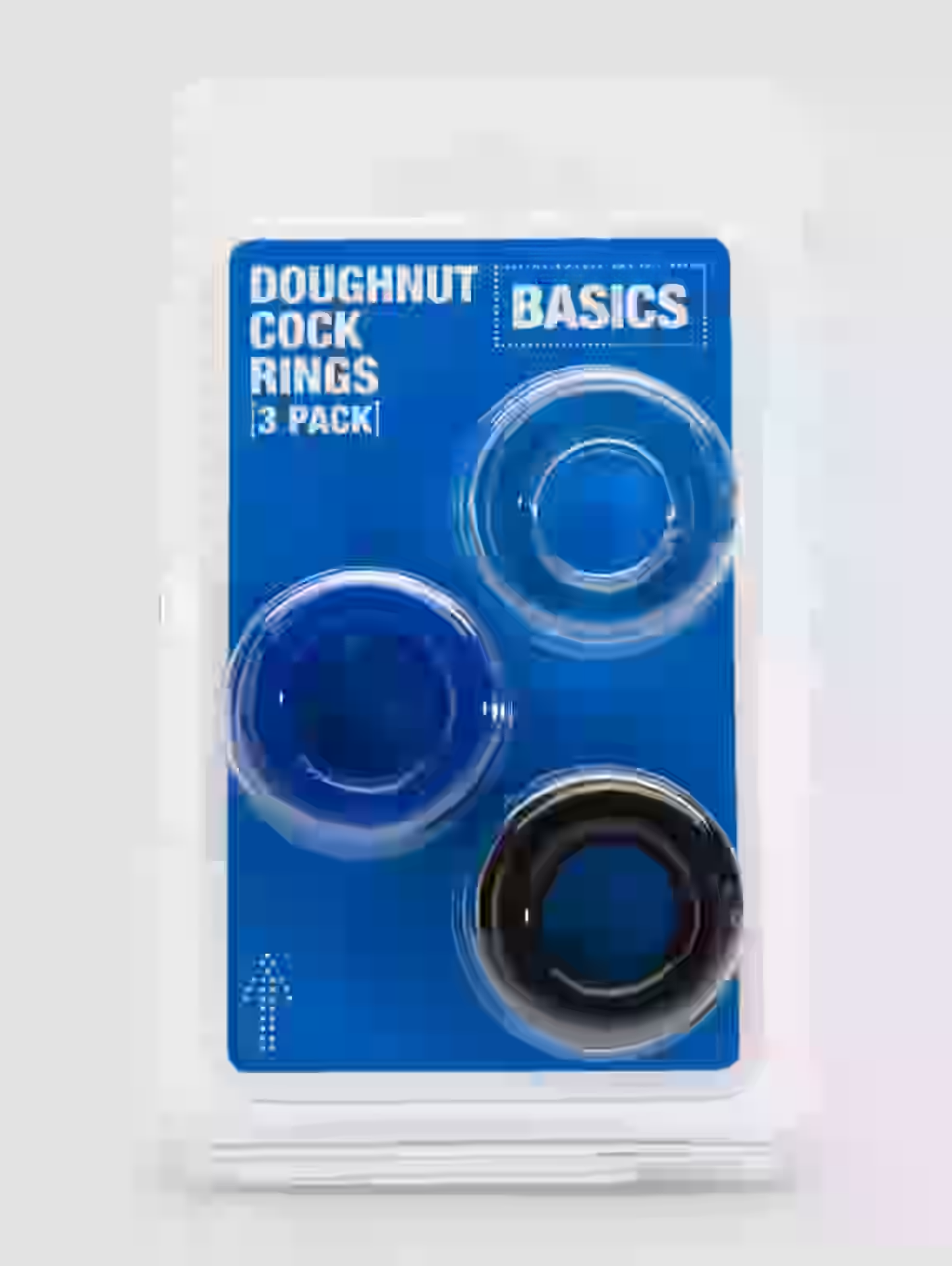 Pack of doughnut-shaped cock rings with blue and black colors on a white background