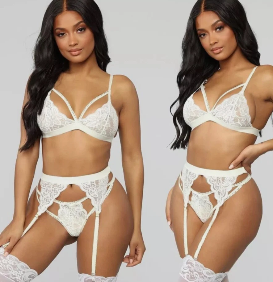 Two images of a woman wearing a white lace lingerie set on a plain background