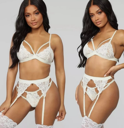 Two images of a woman wearing a white lace lingerie set on a plain background