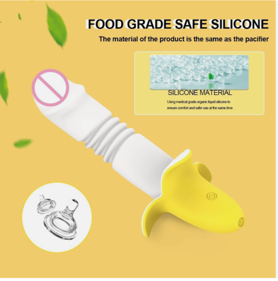 Yellow and white silicone product with text about food-grade safety on a yellow background