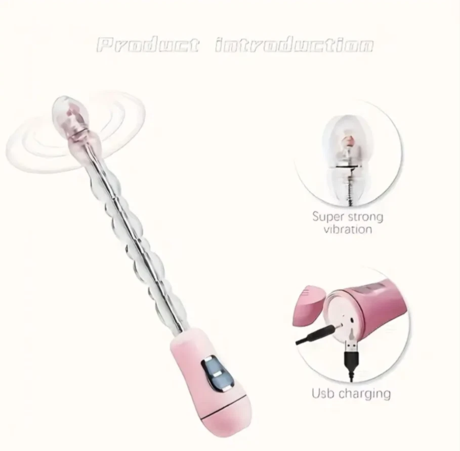 Pink and white electronic device with USB charging cable on a white background