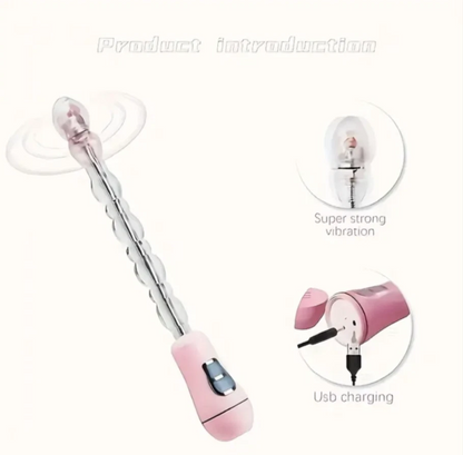 Pink and white electronic device with USB charging cable on a white background