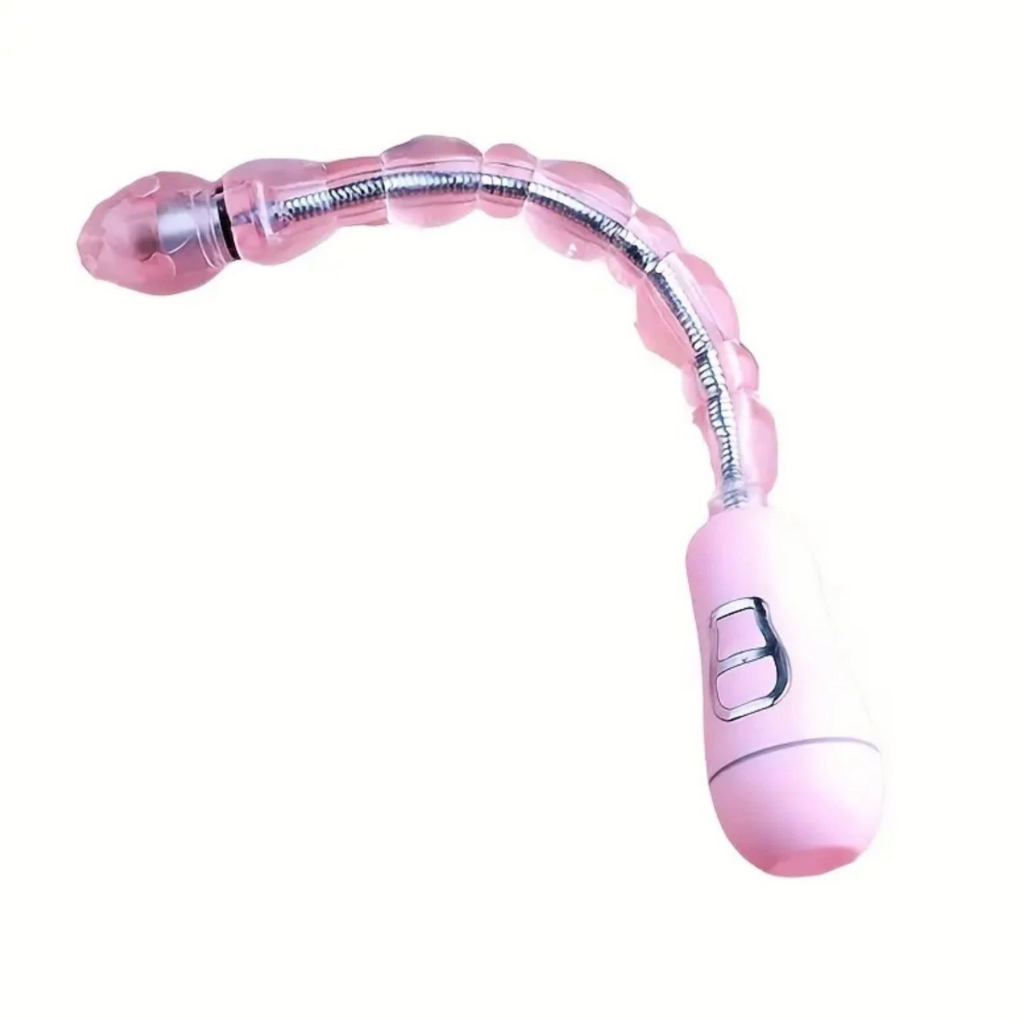 Pink and silver flexible handheld device on a white background