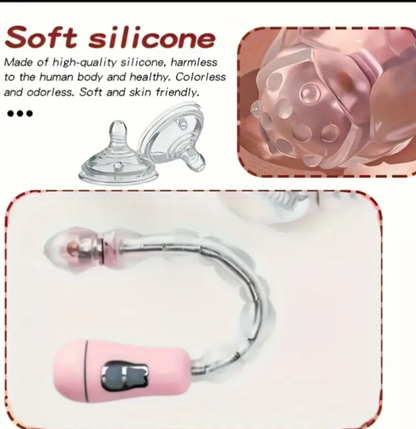 Pink silicone product with text about soft silicone material on a white background