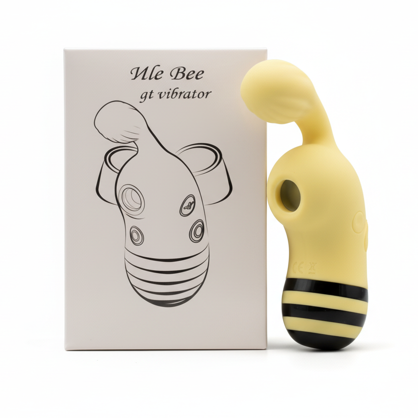 Yellow bee-shaped vibrator with packaging labeled 'Ule Bee gt vibrator' on a white background