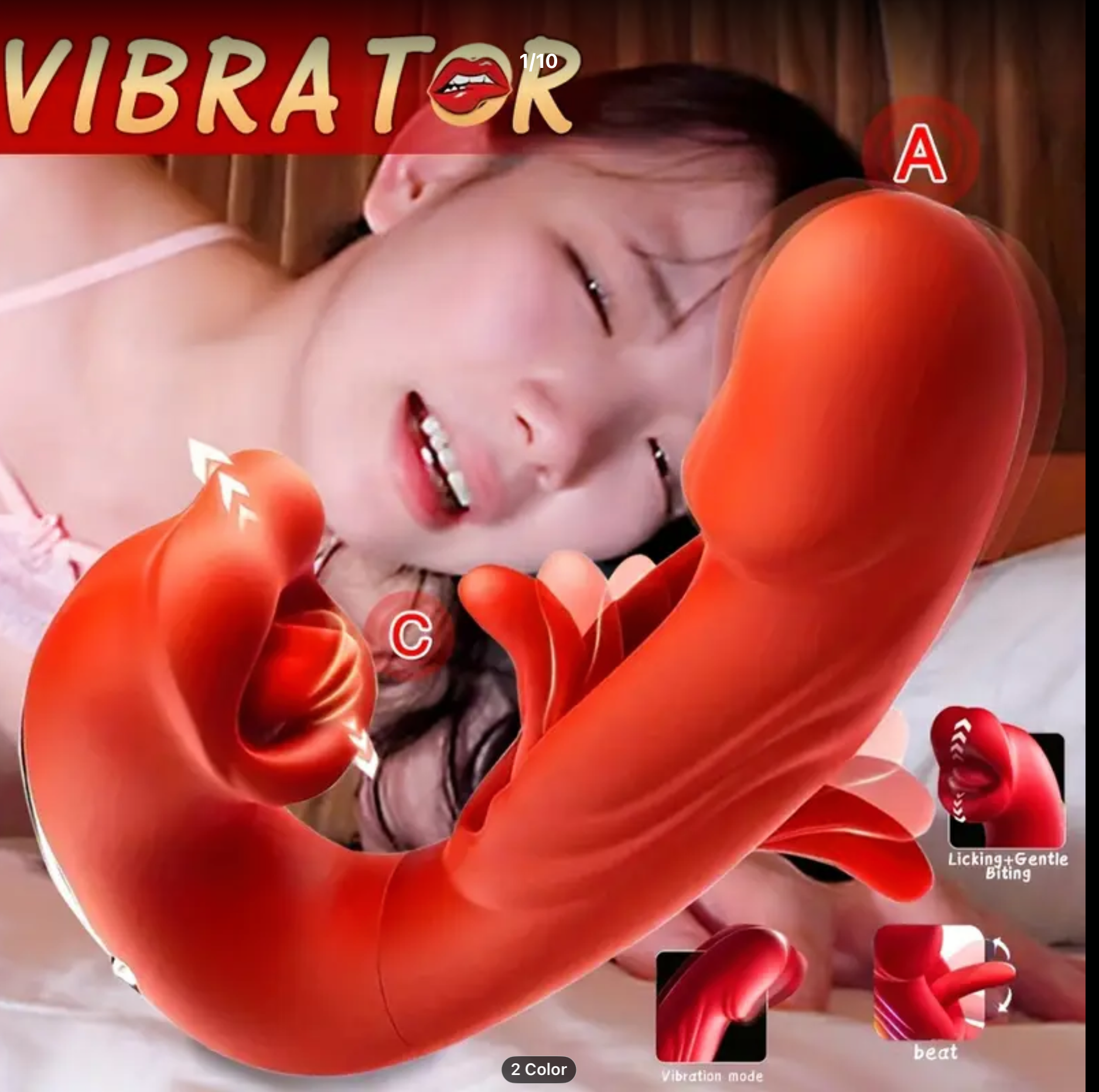 Red vibrator with close-up of a person, labeled 'VIBRATOR', on a wooden background.