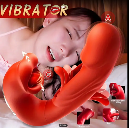 Red vibrator with close-up of a person, labeled 'VIBRATOR', on a wooden background.