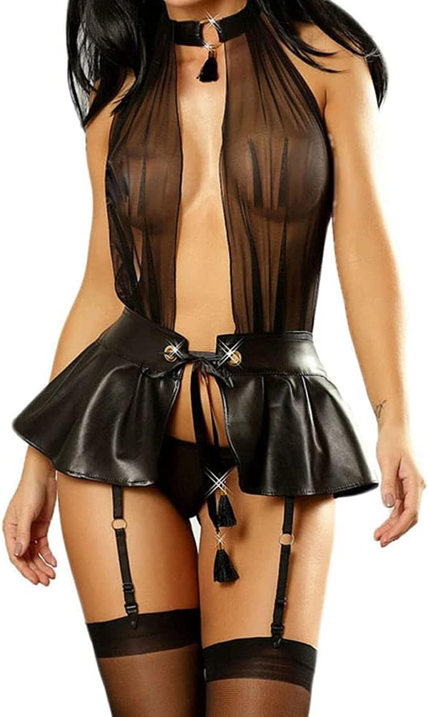 Black lingerie set with peplum top and garter belt on a white background