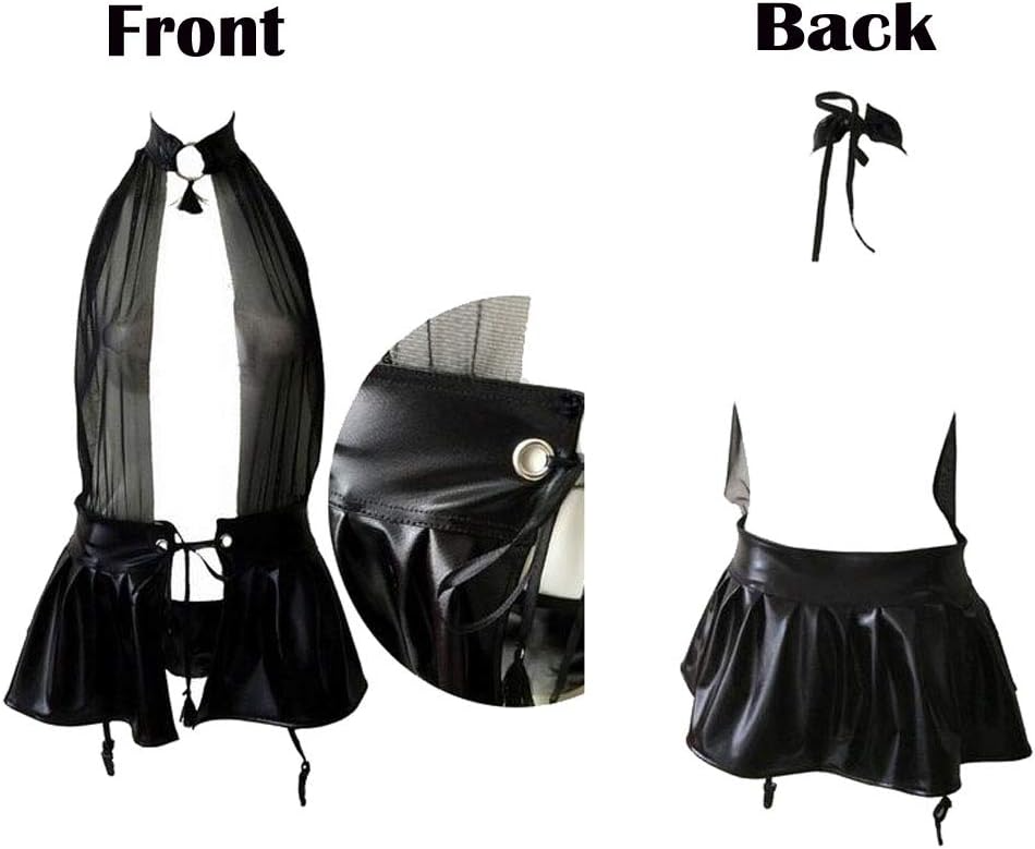 Black leather outfit with halter top and skirt, shown from front and back on a white background.