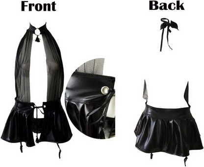 Black leather outfit with halter top and skirt, shown from front and back on a white background.