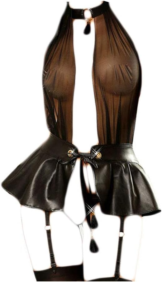 Black leather harness with skirt and garters on a white background