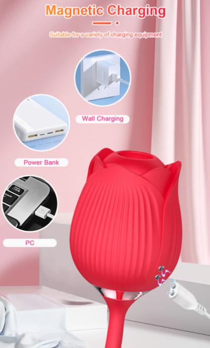 Red tulip-shaped device with charging options on a pink background