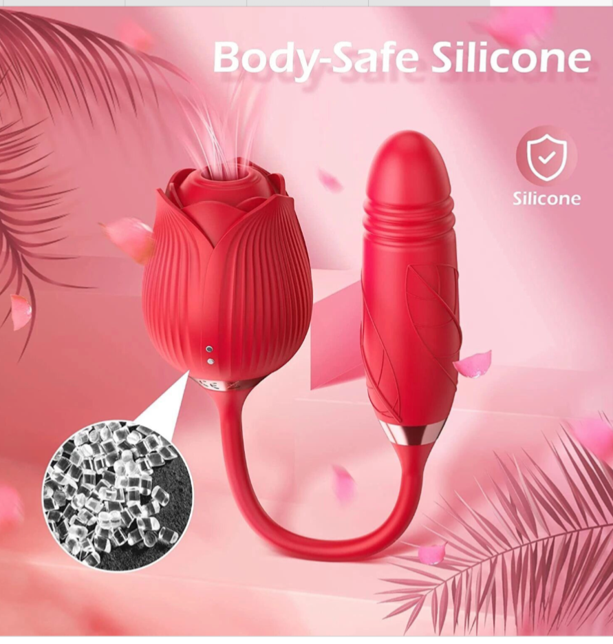 Red silicone product with rose design on a pink background, labeled 'Body-Safe Silicone'.