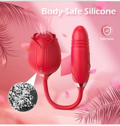 Red silicone product with rose design on a pink background, labeled 'Body-Safe Silicone'.